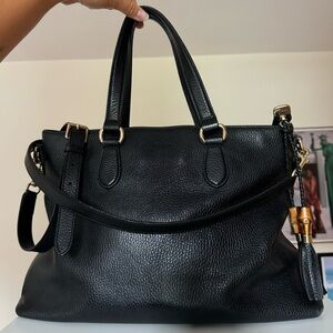 GUCCI Black Leather Bamboo Tassel Tote